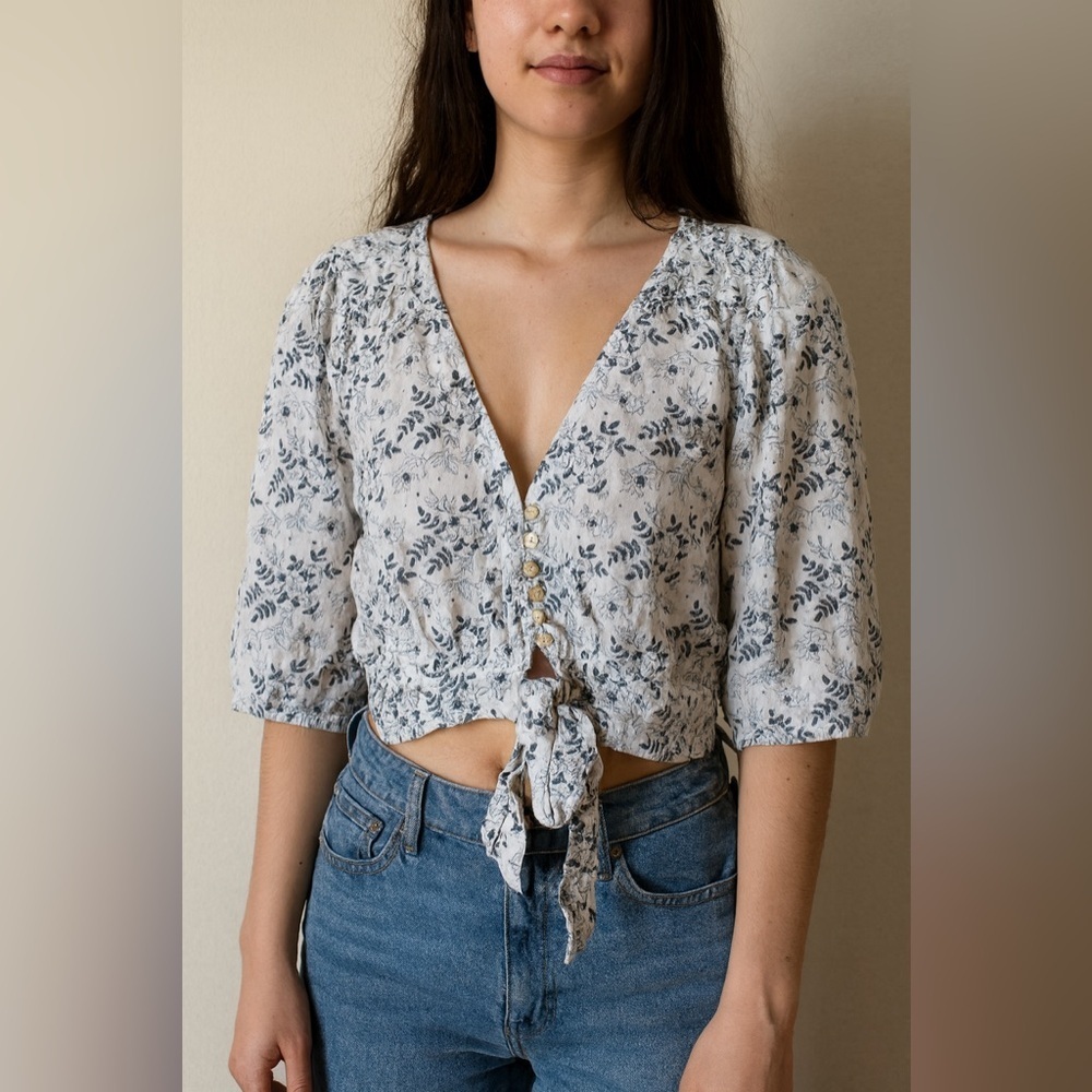 Cleobella | Women's Organic Cotton Floral Cropped 3/4 Sleeve Blouse Size Large - Picture 1 of 9
